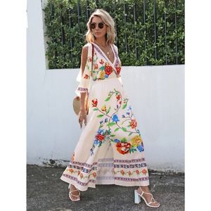 boho Floral Print Cold Shoulder maxi Dress cream